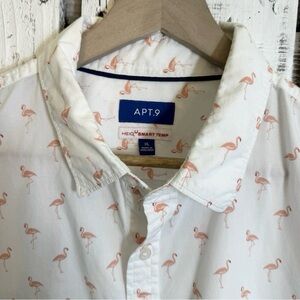 Apt 9 HEIQ Smart Temp Pink Flamingo Button Up Shirt Men's Size XL White Cotton